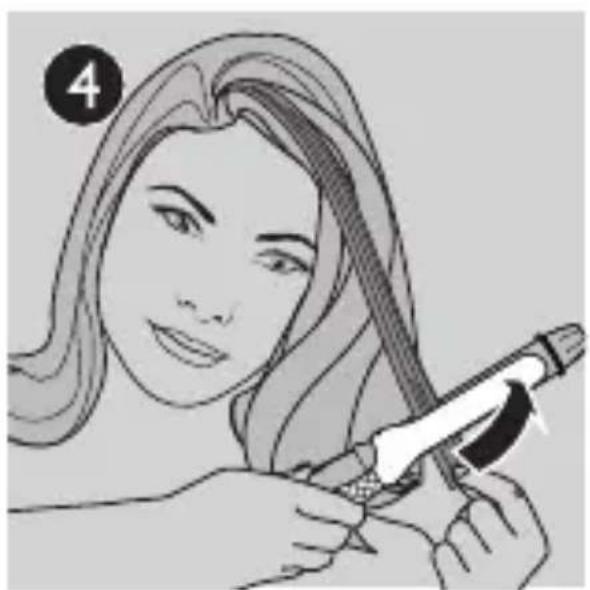 Illustration of a person styling hair with a curling iron, no text or symbols present