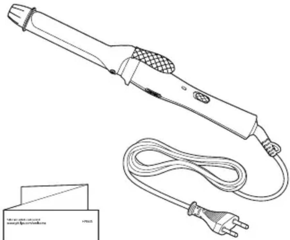 Line drawing of a hair iron with a coiled cable and terminal plug, shown without any text or symbols.