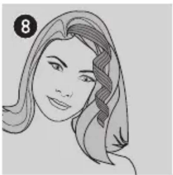 Line drawing of a woman's face with braided hair and a numbered badge (8) in the corner (no text or symbols on the face itself)