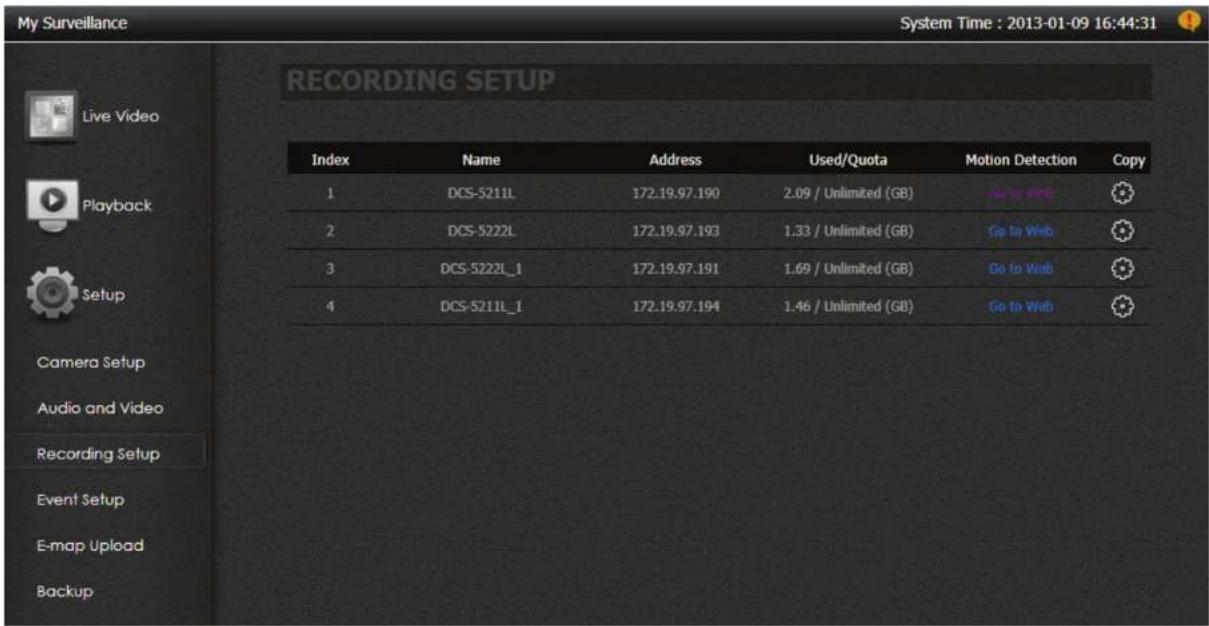 My Surveillance System Time : 2013-01-09 16:44:31 RECORDING SETUP Index Name Address Used/Quota Motion Detection Copy 1 DCS-5211L 172.19.97.190 2.09 / Unlimited (GB) No to Web 2 DCS-5222L 172.19.97.193 1.33 / Unlimited (GB) Go to Web 3 DCS-5222L_1 172.19.97.191 1.69 / Unlimited (GB) Go to Web 4 DCS-5211L_1 172.19.97.194 1.46 / Unlimited (GB) Go to Web Camera Setup Audio and Video Recording Setup Event Setup E-map Upload Backup