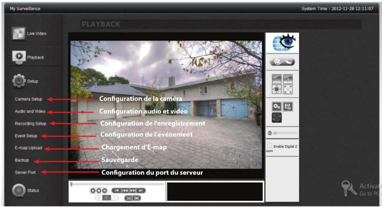 My Surveillance System Time : 2012-11-28 12:11:07 PLAYBACK Live Video Playback Setup Camera Setup Audio and Video Recording Setup Event Setup E-map Upload Backup Server Port Status Configuration de la caméra Configuration audio et vidéo Configuration de l'enregistrement Configuration de l'événement Chargement d'E-map Sauvegarde Configuration du port du serveur