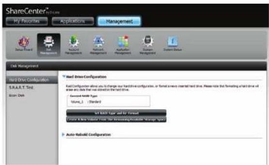 ShareCenter® My Favorites Applications Management Data Forward SaaS Management Application Management System Management System Default Disk Management Hard Drive Configuration SAA.R.T. Test Scan Disk Next Drive Configuration Auto-Reload Configuration Auto-Reload: 100% Start Drive: 100% Set Add Type and For Format Create A New Version (New Screening Available) Manager Type Auto-Reload Configuration
