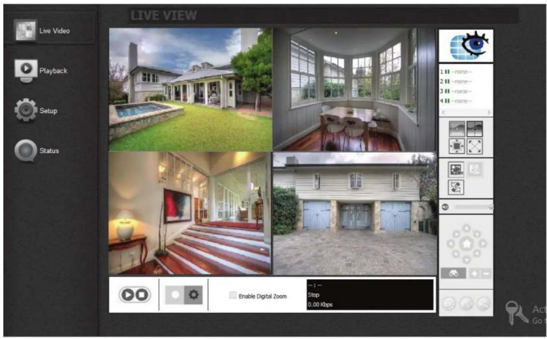 Live Video Playback Setup Status LIVE VIEW 1 None- 2 None- 3 None- 4 None- Enable Digital Zoom Stop 0.00 Kbps