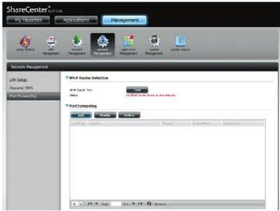 ShareCenter® My Favorites Applications Management Network Management LIA Setup Dynamic DNS Port Forwarding Port Route Detection Port Server Test Test Port Forwarding Port Modify Sales Software Database Search Data Web Help