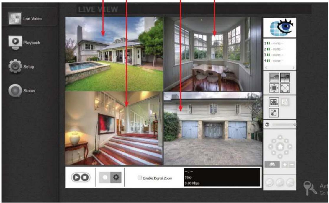Live Video Playback Setup Status LIVE VIEW 1 None- 2 None- 3 None- 4 None- Enable Digital Zoom Stop 0.00 Kbps