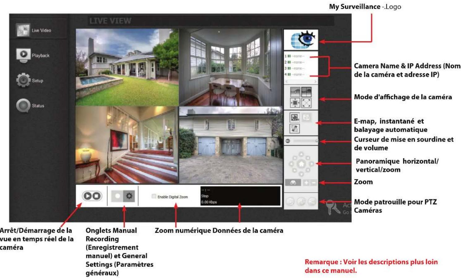 My Surveillance -.Logo Live Video Playback Setup Status LIVE VIEW Camera Name & IP Address (Nom de la caméra et adresse IP) Mode d'affichage de la caméra E-map, instantané et balayage automatique Curseur de mise en sourdine et de volume Panoramique horizontal/ vertical/zoom Zoom Mode patrouille pour PTZ Caméras Arrêt/Démarrage de la vue en temps réel de la caméra Onglets Manual Recording (Enregistrement manuel) et General Settings (Paramètres généraux) Zoom numérique Données de la caméra Remarque : Voir les descriptions plus loin dans ce manuel.