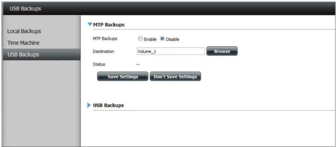 USB Backups Local Backups Time Machine USB Backups MTP Backups MTP Backups Enable Disable Destination Volume_1 Browse Status -- Save Settings Don't Save Settings USB Backups