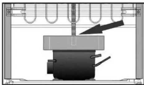 Mechanical assembly diagram showing a presser pressing a component with a downward arrow indicating motion (no text or symbols present)