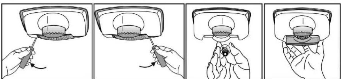 Four-panel illustration showing a hand holding a mushroom-shaped object with a tool, demonstrating a step-by-step assembly (no text or symbols present)