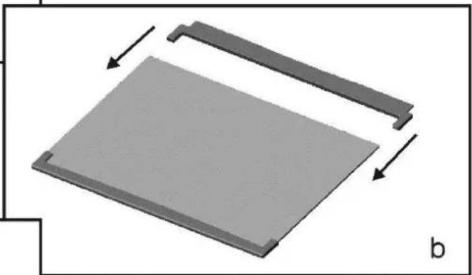 3D diagram of two gray rectangular plates with directional arrows indicating movement or force, labeled 'b' at the bottom (no text or symbols on the plates themselves)