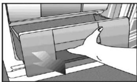 Illustration of a hand inserting a card into a refrigerator (no text or symbols visible)