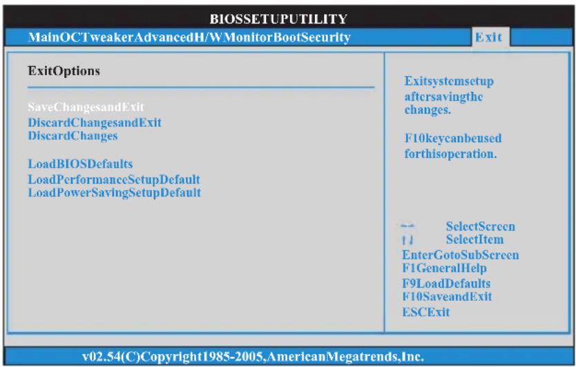 BIOSSETUPUTILITY MainOCTweakerAdvancedH/WMonitorBootSecurity Exit ExitOptions SaveChangesandExit DiscardChangesandExit DiscardChanges LoadBIOSDefaults LoadPerformanceSetupDefault LoadPowerSavingSetupDefault Exitsystemsetup aftersavingthe changes. F10keycanbeused forthisoperation. -- SelectScreen // SelectItem EnterGotoSubScreen F1GeneralHelp F9LoadDefaults F10SaveandExit ESCExit v02.54(C)Copyright1985-2005,AmericanMegatrends,Inc.