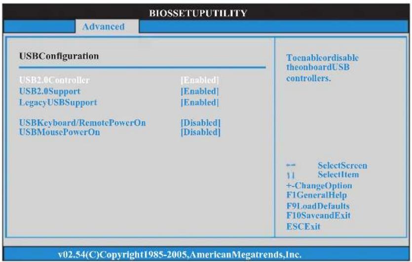 BIOSSETUPUTILITY Advanced USBConfiguration USB2.0Controller [Enabled] USB2.0Support [Enabled] LegacyUSBSupport [Enabled] USBKeyboard/RemotePowerOn [Disabled] USBMousePowerOn [Disabled] Toenablecordisable theonboardUSB controllers. -- SelectScreen 11 SelectItem +-ChangeOption F1GeneralHelp F91LoadDefaults F10SaveandExit ESCExit v02.54(C)Copyright1985-2005,AmericanMegatrends,Inc.