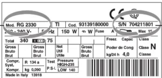 Mod. RG 2330 TI Cod. 93139180000 S/N 704211801 5 Hz 150 W n W Fuse A Max 15 Total 340 R C65 75 Gross Bruto Brut Gross Bruto Brut Net Util Utilie Gross Bruto Brut Compr. R 134 a Test Pressure HIGH-235 Kompr. kg 0,090 P.S.L LOW 140 Made in Italy 13918 Freez. Capac Class Poder de Cong Clase N kg/24 h 4,0 Classe