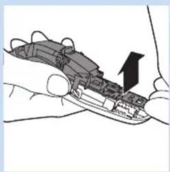 Illustration of a hand holding a small electronic device with an arrow pointing to it.