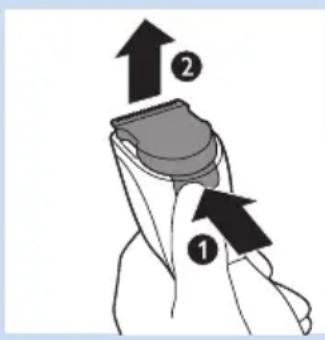 Diagram showing two labeled arrows pointing to a mechanical component, with numbers 1 and 2 indicating directional movement.