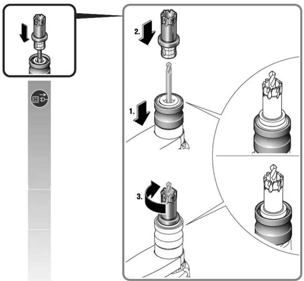 Technical diagram illustrating three-step machining process for a drill bit, with numbered steps and tool positioning.