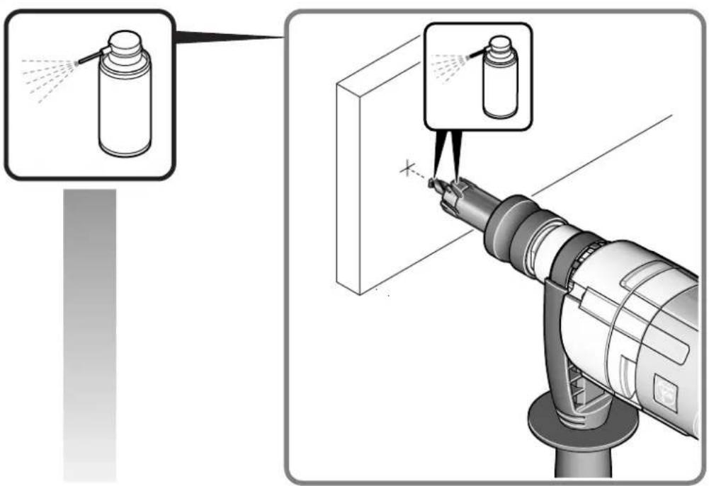 Diagram illustrating spray application on a robotic arm, showing spray bottle placement and injection point with Chinese annotation.