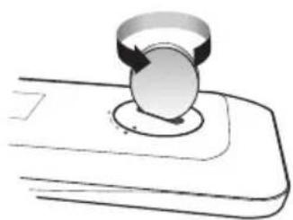 Simple line drawing of a mechanical component with a circular knob and curved arrows indicating motion (no text or symbols).