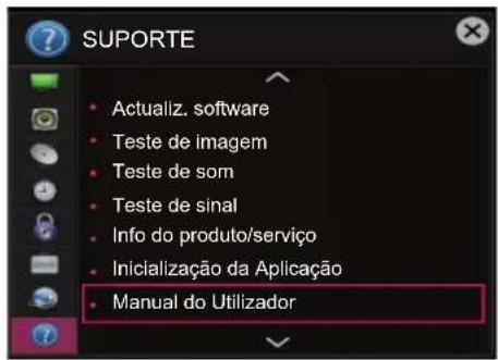 SUPORTE • Actualiz. software • Teste de imagem • Teste de som • Teste de sinal • Info do produto/serviço • Inicialização da Aplicação • Manual do Utilizador