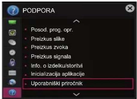 PODPORA Posod. prog. opr. Preizkus slike Preizkus zvoka Preizkus signala Info. o izdelku/storitvi Inicializacija aplikacije Uporabniški priročnik