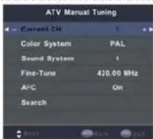 ATV Manual Tuning Current Cite Color System PAL Sound System I Fine-Tune 420.00 MHz A2C On Search