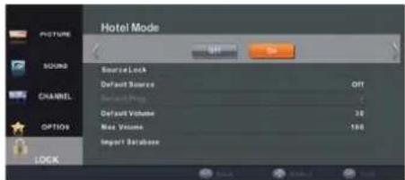 Hotel Mode SPOUTURE SOUND CHANNEL OPTION LOCK Source Lock Default Source Default Plug Default Volume Max Volume Import Database