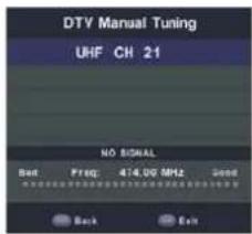 DTV Manual Tuning UHF CH 21 NO SIGNAL Reset Freq: 414.00 MHz Sound Back Exit