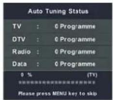 Auto Tuning Status TV : 0 Programme DTV : 0 Programme Radio : 0 Programme Data : 0 Programme 9 % (TV) Please press MENU key to skip