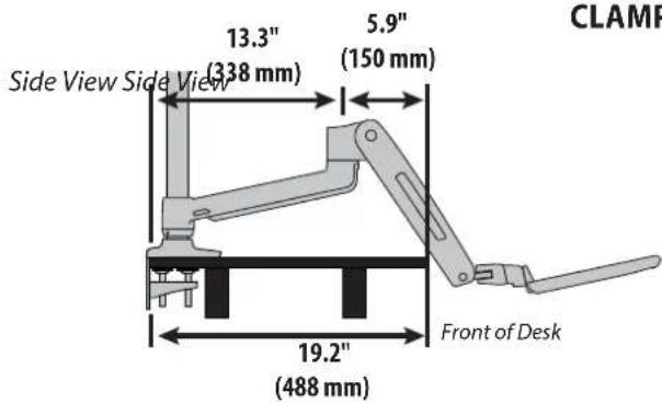 CLAMP 13.3" 5.9" (150 mm) Side View Side View (338 mm) 19.2" (488 mm) Front of Desk