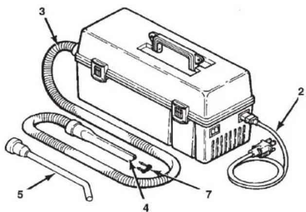 Technical diagram of a portable electrical device with labeled parts including a main box, tubing, and connectors.