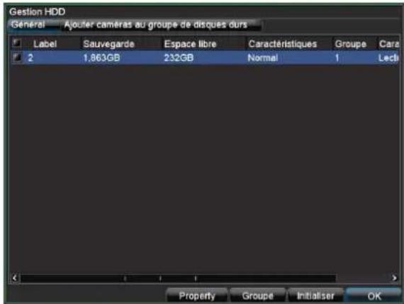 Gestion HDD Général Ajouier caméras au groupe de disques durs Label Sauvegarde Espace libre Caractéristiques Groupe Cara 2 1,863GB 232GB Normal 1 Lecti Property Groupe Initialiser OK