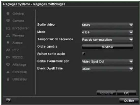 Réglages système - Réglages d'affichages Général Caméra Enregistrer Réseau Alarme PT2 RS232 Affichage Exception Utilisateur Sortie vidéo MAIN Mode 4 X 4 Temporisation séquence Pas de commutation Ordre caméra Modifier Activer sortie audio Sortie événement port Video Spot Out Event Dwell Time 3Sec. Appliquer OK Outter