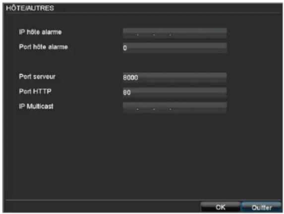 HÔTE/AUTRES IP hôte alarme Port hôte alarme 0 Port serveur 8000 Port HTTP 80 IP Multicast OK Quitter