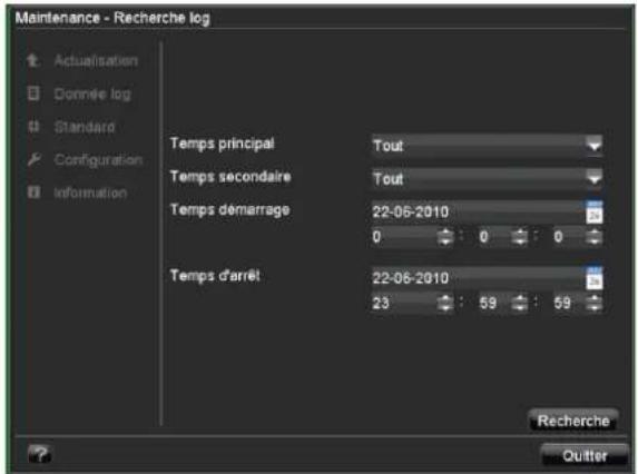 Maintenance - Recherche log Actualisation Donniée log Standard Configuration Information Temps principal Tout Temps secondaire Tout Temps démarrage 22-06-2010 0 0 0 Temps d'arrêt 22-06-2010 23 59 59 Recherche Quitter