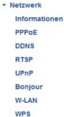 Netzwerk Informationen PPPoE DDNS RTSP UPnP Bonjour W-LAN WPS