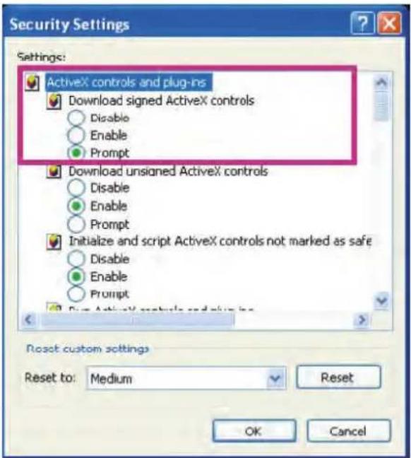 Security Settings Settings: ActiveX controls and plug-ins Download signed ActiveX controls Disable Enable Prompt Download unsigned ActiveX controls Disable Enable Prompt Initialize and script ActiveX controls not marked as safe Disable Enable Prompt Drop ActiveX controls and plug-ins Reset custom se…