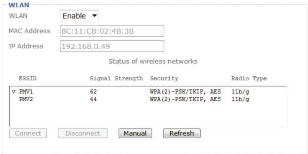 WLAN WLAN Enable MAC Address 8C:11:CB:02:4B:3B IP Address 192.168.0.49 Status of wireless networks ESSID Signal Strength Security Radio Type v PMV1 62 WPA(2)-PSK/TKIP, AES 11b/g PMV2 44 WPA(2)-PSK/TKIP, AES 11b/g Connect Disconnect Manual Refresh