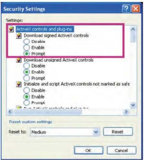 Security Settings Settings: ActiveX controls and plug-ins Download signed ActiveX controls Disable Enable Prompt Download unsigned ActiveX controls Disable Enable Prompt Initialize and script ActiveX controls not marked as safe Disable Enable Prompt Begin ActiveX controls and plug-ins Reset custom s…