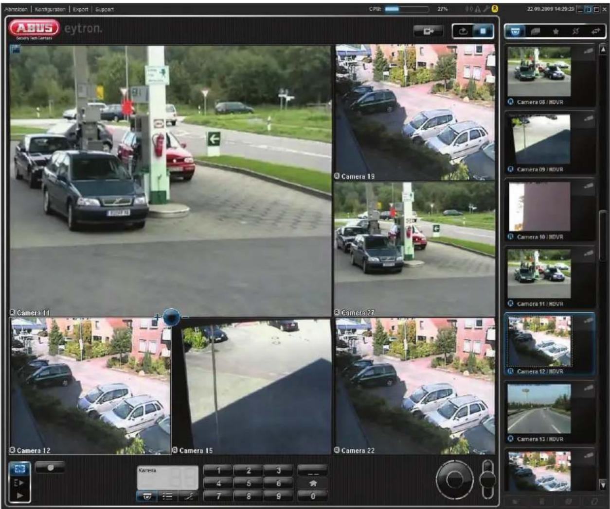 Abmelen | Konsiguraten | Export | Support CPU: 27% 22.09.2008 14:29:29 AEUS eytron. Security Tech Centers Camera 05 / HOVR Camera 09 / HOVR Camera 10 / HOVR Camera 11 / HOVR Camera 12 / HOVR Camera 13 / HOVR Camera 14 / HOVR Camera 15 Camera 16 Camera 17 Camera 18 Camera 19 Camera 20 Camera 21 Camer…