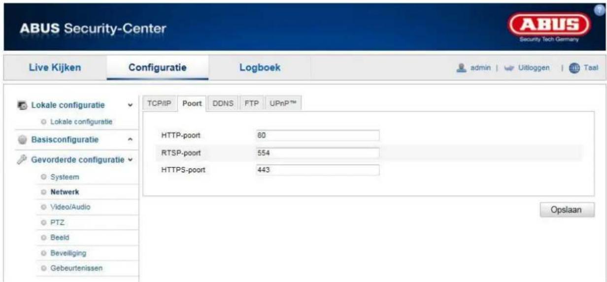 ABUS Security-Center Live Kijken Configuratie Logboek admin | Uitloggen | Taal Lokale configuratie Lokale configuratie Basisconfiguratie Gevorderde configuratie Systeem Netwerk Video/Audio PTZ Beeld Beveiliging Gebeurtenissen TCP/IP Poort DDNS FTP UPnPTM HTTP-poort 80 RTSP-poort 554 HTTPS-poort 443…