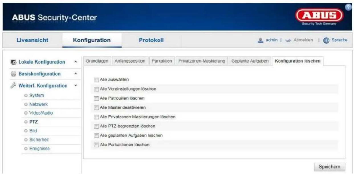 ABUS Security-Center Liveansicht Konfiguration Protokoll admin Abmelden Sprache Lokale Konfiguration Basiskonfiguration Weiterf. Konfiguration System Netzwerk Video/Audio PTZ Bild Sicherheit Ereignisse Grundlagen Anfangsposition Parkaktion Privatzonen-Maskierung Geplante Aufgaben Konfiguration lösch…