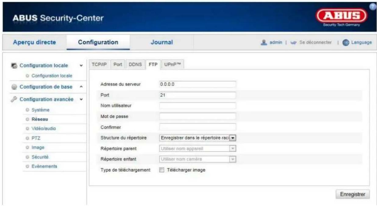 ABUS Security-Center Security Tech Germany Aperçu directe Configuration Journal admin Se déconnecter Language TCP/IP Port DDNS FTP UPnPTM Configuration locale Configuration locale Configuration de base Configuration avancée Système Réseau Vidéo/audio PTZ Image Sécurité Evénements Adresse du serveur 0.0.0.0 Port 21 Nom utilisateur Mot de passe Confirmer Structure du répertoire Enregistrer dans le répertoire rac Répertoire parent Utiliser nom appareil Répertoire enfant Utiliser nom caméra Type de téléchargement Télécharger image Enregistrer