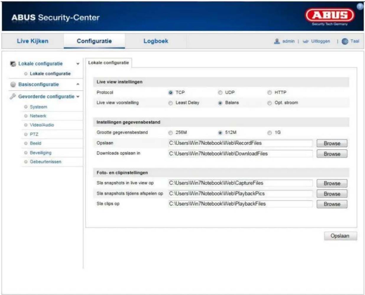 ABUS Security-Center Live Kijken Configuratie Logboek admin | Uitloggen | Taal Lokale configuratie Lokale configuratie Basisconfiguratie Gevorderde configuratie Systeem Netwerk Video/Audio PTZ Beeld Beveiliging Gebeurtenissen Lokale configuratie Live view instellingen Protocol TCP UDP HTTP Live view…