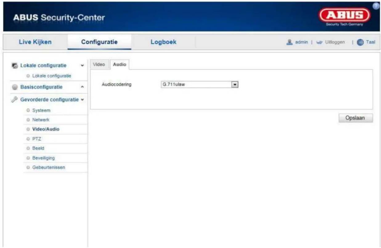 ABUS Security-Center Live Kijken Configuratie Logboek admin | Uitloggen | Taal Lokale configuratie Lokale configuratie Basisconfiguratie Gevorderde configuratie Systeem Netwerk Video/Audio PTZ Beeld Beveiliging Gebeurtenissen Video Audio Audiocodering G.711ulaw Opslaan