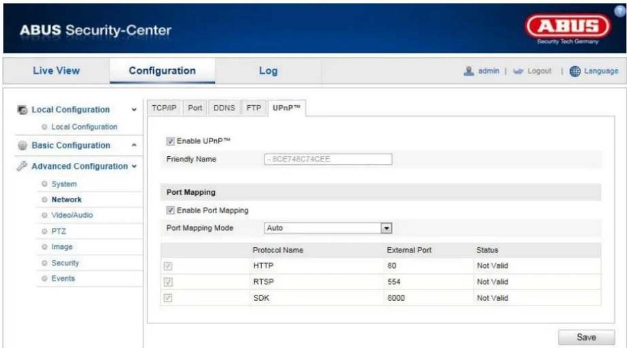 ABUS Security-Center Live View Configuration Log admin | Logout | Language Local Configuration Local Configuration Basic Configuration Advanced Configuration System Network Video/Audio PTZ Image Security Events TCP/IP Port DDNS FTP UPnP™ Enable UPnP™ Friendly Name -8CE748C74CEE Port Mapping Enable Port Mapping Port Mapping Mode Auto Protocol Name External Port Status HTTP 80 Not Valid RTSP 554 Not Valid SDK 8000 Not Valid Save