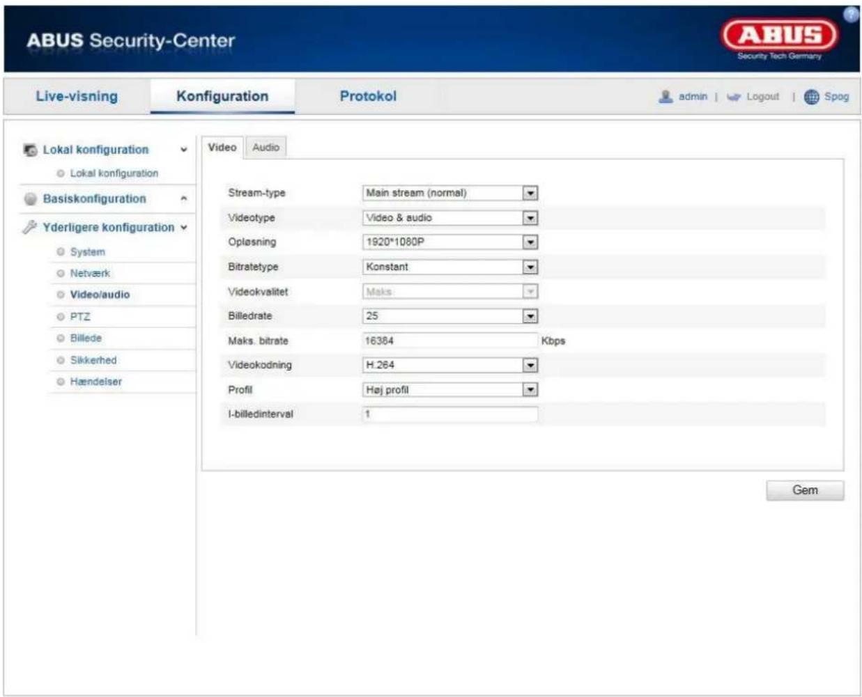 ABUS Security-Center Live-visning Konfiguration Protokol admin | Logout Spog Lokal konfiguration Lokal konfiguration Basiskonfiguration Yderligere konfiguration System Netværk Video/audio PTZ Billede Sikkerhed Hændelser Video Audio Stream-type Main stream (normal) Videotype Video & audio Oplasning 1920*1080P Bitratetype Konstant Videokvalitet Maks Billedrate 25 Maks. bitrate 16384 Kbps Videokodning H.264 Profil Haj profil I-billedinterval 1 Gem