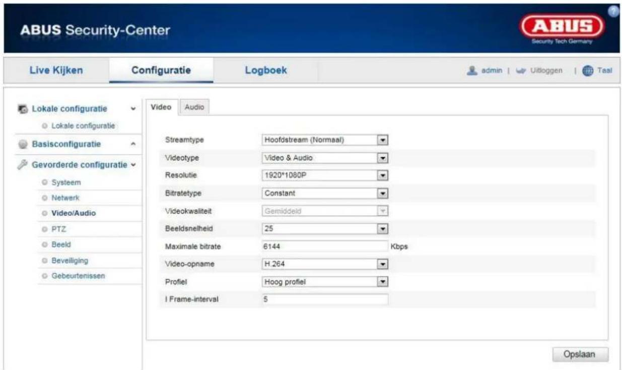 ABUS Security-Center Live Kijken Configuratie Logboek admin | Uitoggen | Taal Lokale configuratie Lokale configuratie Basisconfiguratie Gevorderde configuratie Systeem Netwerk Video/Audio PTZ Beeld Beveiliging Gebeurtenissen Video Audio Streamtype Hoofdstream (Normaal) Videotype Video & Audio Resolu…
