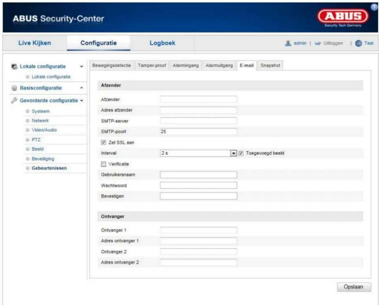 ABUS Security-Center Live Kijken Configuratie Logboek admin | Uitloggen | Taal Lokale configuratie Lokale configuratie Basisconfiguratie Gevorderde configuratie Systeem Netwerk Video/Audio PTZ Beeld Beveiliging Gebeurtenissen Bewegingsdetectie Tamper-proof Alarmingang Alarmuitgang E-mail Snapshot Af…
