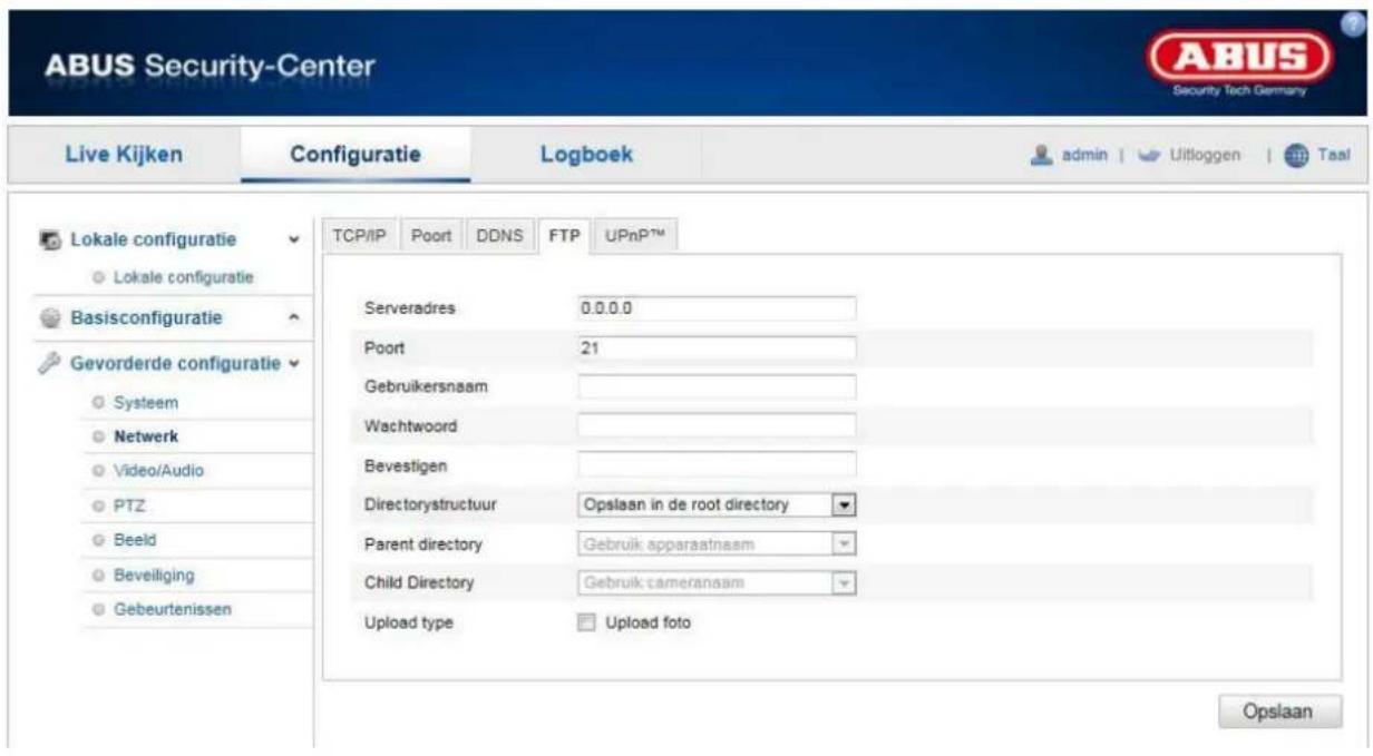 ABUS Security-Center Live Kijken Configuratie Logboek admin | Uitloggen | Taal TCP/IP Poort DDNS FTP UPnP™ Lokale configuratie Lokale configuratie Basisconfiguratie Gevorderde configuratie Systeem Netwerk Video/Audio PTZ Beeld Beveiliging Gebeurtenissen Serveradres 0.0.0.0 Poort 21 Gebruikersnaam Wa…